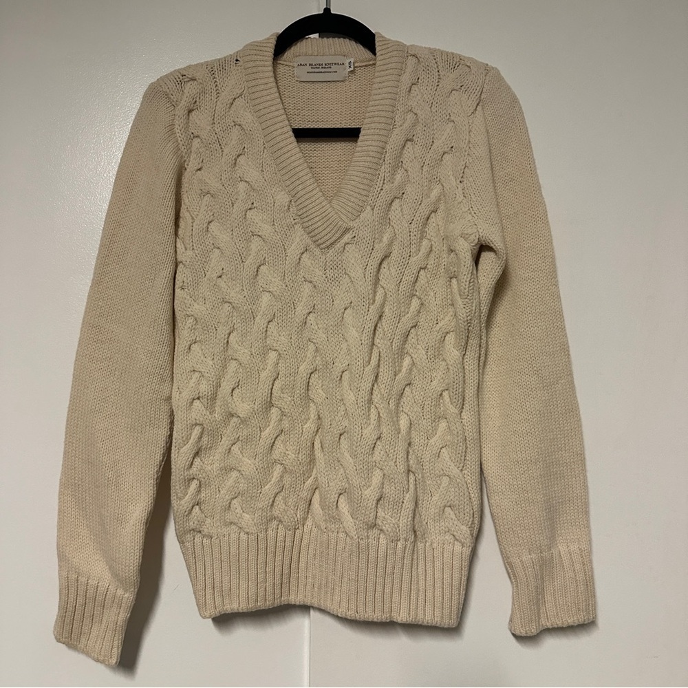Aran islands knitwear Ireland sweater cream pure new wool V-neck Size XS